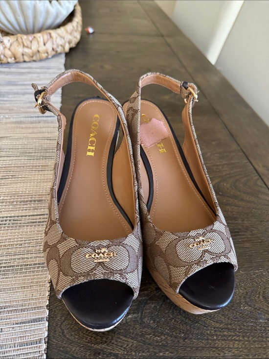Coach Shoes - COACH Brown Signature Canvas Peep-Toe Slingback Wedges